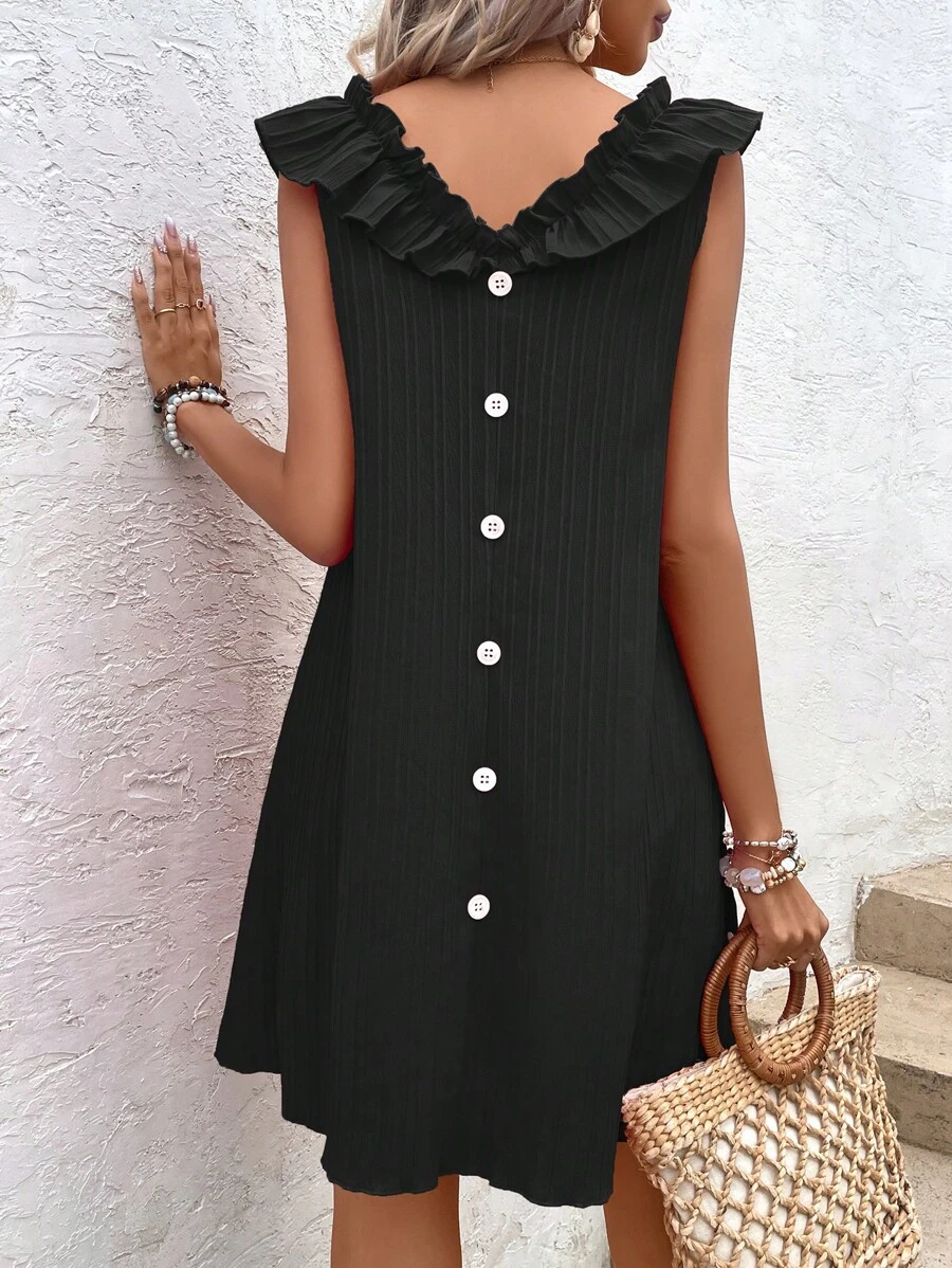 SHEIN LUNE Đầm Xù viền lá sen màu trơn Giải trí - màu đen - Xem 1