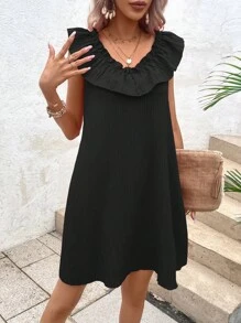 SHEIN LUNE Đầm Xù viền lá sen màu trơn Giải trí - màu đen - Xem 4