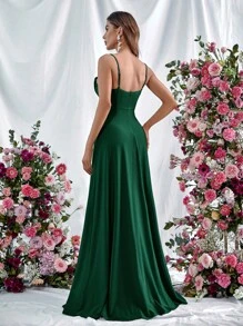 Faeriesty Váy dạ hội dây mảnh thanh lịch với thân áo nhún bèo & xẻ cao - Váy trang trọng cho sự kiện mùa xuân/hè - Dạ hội, đám cưới, vũ hội, thảm đỏ, váy phù dâu dự tiệc cao cấp - Màu xanh lá cây đậm - Xem 2