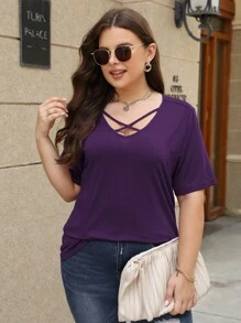 Nemidor Plus Criss Cross Front Solid Tee - Purple - View 1