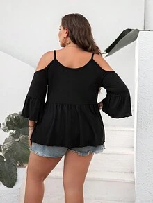 大碼挖肩荷葉袖荷葉邊下擺T恤 - 黑色 - 查看 2