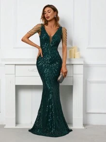 Đầm dự tiệc cổ chữ V hở lưng đính sequin cho nữ, Đầm dự tiệc cưới, Đầm trang trọng, Đầm dạ hội, Váy - Màu xanh lá cây đậm - Xem 1