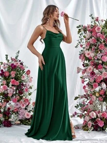 Faeriesty Váy dạ hội dây mảnh thanh lịch với thân áo nhún bèo & xẻ cao - Váy trang trọng cho sự kiện mùa xuân/hè - Dạ hội, đám cưới, vũ hội, thảm đỏ, váy phù dâu dự tiệc cao cấp - Màu xanh lá cây đậm - Xem 5