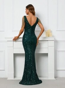 Đầm dự tiệc cổ chữ V hở lưng đính sequin cho nữ, Đầm dự tiệc cưới, Đầm trang trọng, Đầm dạ hội, Váy - Màu xanh lá cây đậm - Xem 2