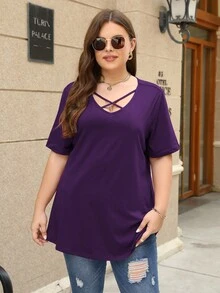 Nemidor Plus Criss Cross Front Solid Tee - Purple - View 4