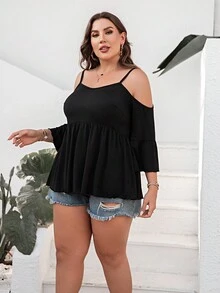 大碼挖肩荷葉袖荷葉邊下擺T恤 - 黑色 - 查看 5