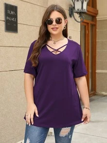 Nemidor Plus Criss Cross Front Solid Tee - Purple - View 5