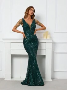 Đầm dự tiệc cổ chữ V hở lưng đính sequin cho nữ, Đầm dự tiệc cưới, Đầm trang trọng, Đầm dạ hội, Váy - Màu xanh lá cây đậm - Xem 4