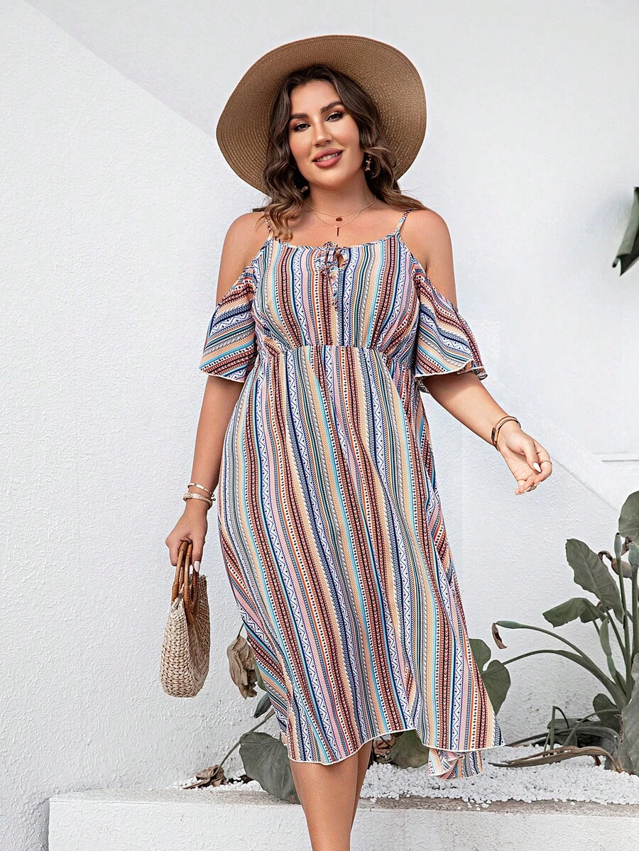 Plus Striped Cold Shoulder Tie Front Dress - Multicolor - View 1
