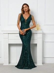 Đầm dự tiệc cổ chữ V hở lưng đính sequin cho nữ, Đầm dự tiệc cưới, Đầm trang trọng, Đầm dạ hội, Váy - Màu xanh lá cây đậm - Xem 7