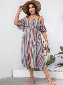 Plus Striped Cold Shoulder Tie Front Dress - Multicolor - View 3