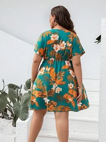 Talla grande Vestido con estampado floral de cuello cruzado - Multicolor - Ver 2