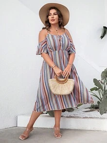 Plus Striped Cold Shoulder Tie Front Dress - Multicolor - View 4