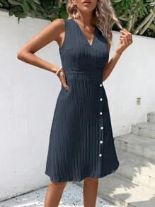 Breezaya Solid Button Detail Sleeveless Dress - Navy Blue - View 5