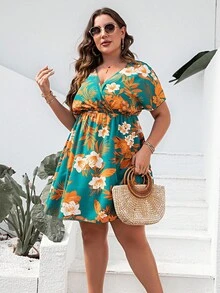 Talla grande Vestido con estampado floral de cuello cruzado - Multicolor - Ver 3