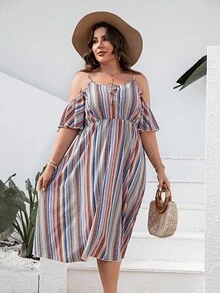 Plus Striped Cold Shoulder Tie Front Dress - Multicolor - View 5