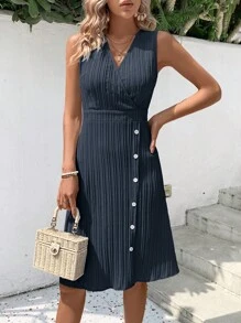 Breezaya Solid Button Detail Sleeveless Dress - Navy Blue - View 6