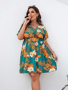Talla grande Vestido con estampado floral de cuello cruzado - Multicolor - Ver 5