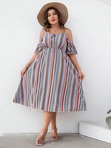 Plus Striped Cold Shoulder Tie Front Dress - Multicolor - View 6