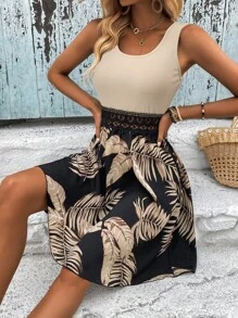 SHEIN VCAY Tropical Print Guipure Lace Insert Dress - Khaki - View 6