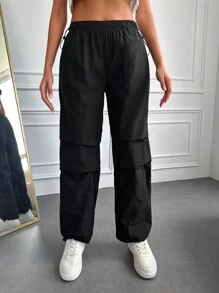 Solid Drawstring Waist Pants - Black - View 1