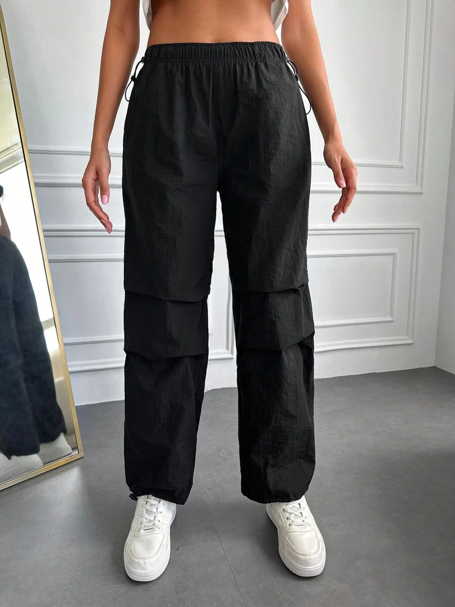 Solid Drawstring Waist Pants - Black - View 1