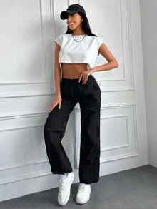 Solid Drawstring Waist Pants - Black - View 5