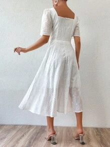 EURMUSE Eyelet Embroidery Puff Sleeve A-line Dress - trắng - Xem 2