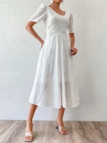 EURMUSE Eyelet Embroidery Puff Sleeve A-line Dress - trắng - Xem 3