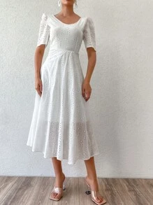 EURMUSE Eyelet Embroidery Puff Sleeve A-line Dress - trắng - Xem 4