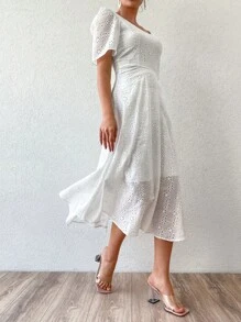 EURMUSE Eyelet Embroidery Puff Sleeve A-line Dress - trắng - Xem 6
