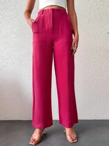 素色斜口袋直筒褲 - 玫紅色 - 查看 1