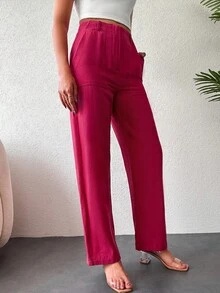 素色斜口袋直筒褲 - 玫紅色 - 查看 3