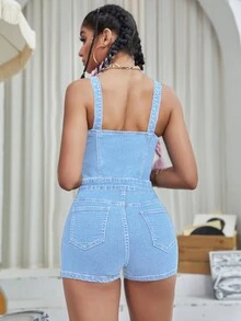 Zip Up Pocket Patched Denim Romper - Light Wash - View 2