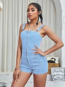 Zip Up Pocket Patched Denim Romper - Light Wash - View 4