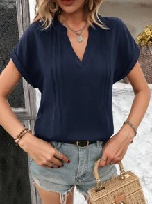 SHEIN LUNE Notched Neck Batwing Sleeve Blouse - Navy Blue - View 1