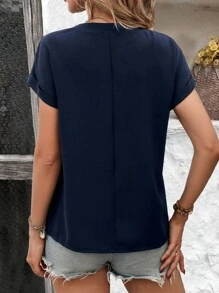 SHEIN LUNE Notched Neck Batwing Sleeve Blouse - Navy Blue - View 2