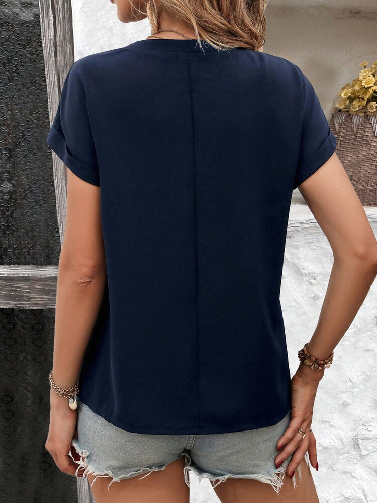 SHEIN LUNE Notched Neck Batwing Sleeve Blouse - Navy Blue - View 2