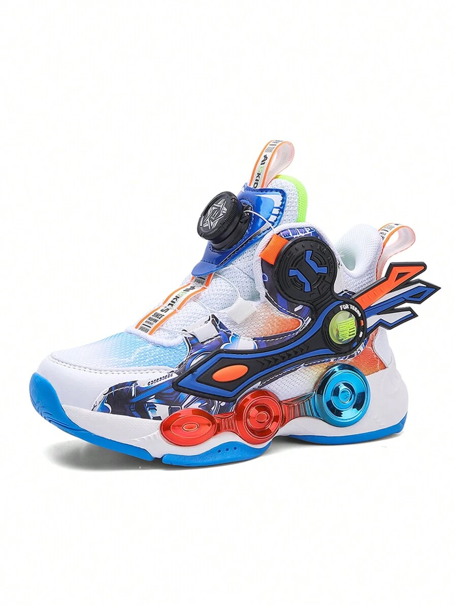 Garotos Bloco De Cores Decoração De Remendo Botão Giratório Desportivo Tênis De Basquete Para Exterior - Azul e Branco - Visão 1