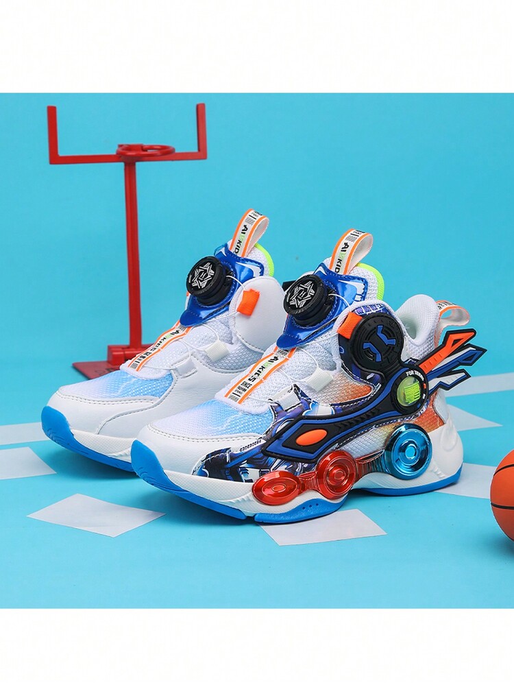 男孩撞色貼布裝飾旋轉按鈕運動籃球鞋適用於戶外 - 藍白色 - 查看 2