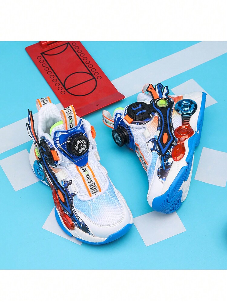 男孩撞色貼布裝飾旋轉按鈕運動籃球鞋適用於戶外 - 藍白色 - 查看 3