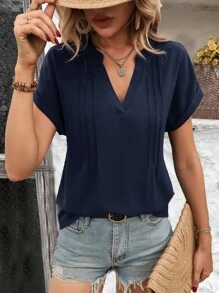 SHEIN LUNE Notched Neck Batwing Sleeve Blouse - Navy Blue - View 5