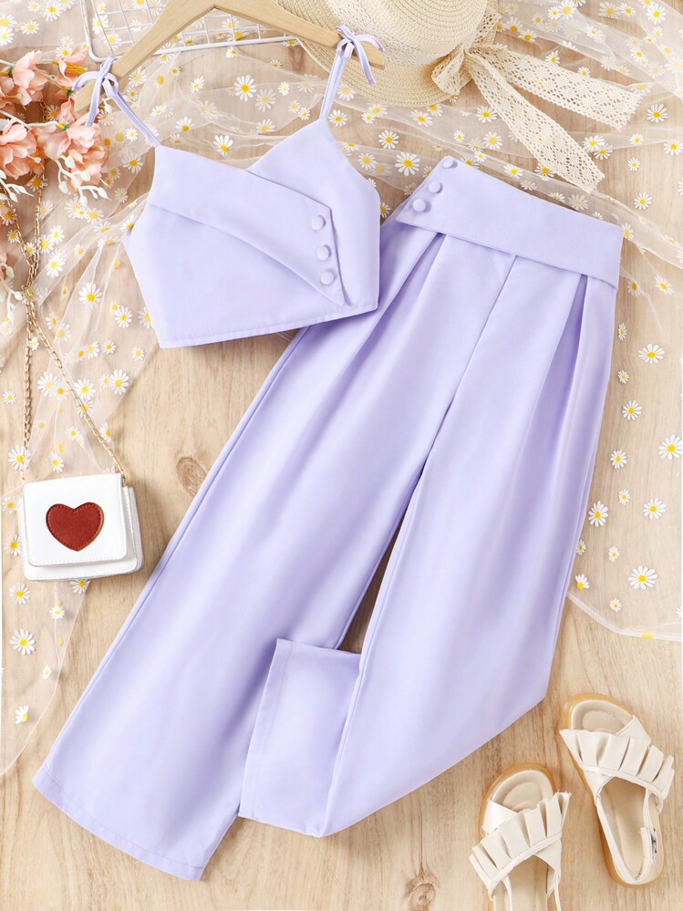 SHEIN Tween Girl Solid Knot Shoulder Cami Top & Wide Leg Pants Set - Purple - View 1