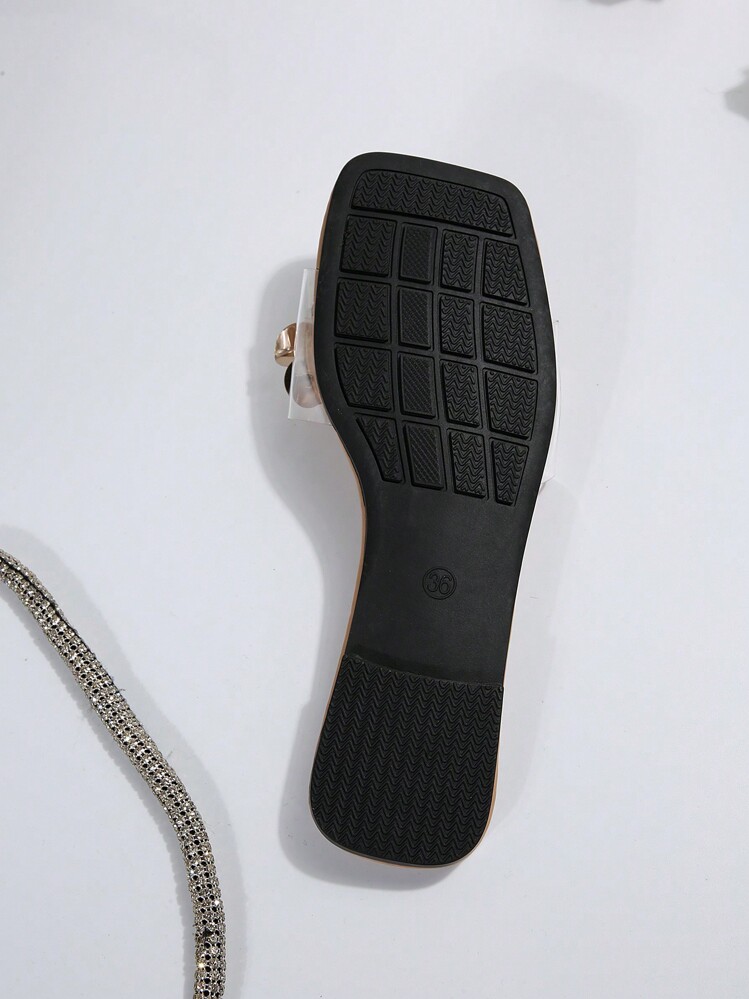 女士水钻装饰拖鞋，时尚休闲舒适法式沙滩拖鞋，适合约会、度假、海滩、居家休闲、春夏穿搭 - 杏色 - 查看 7