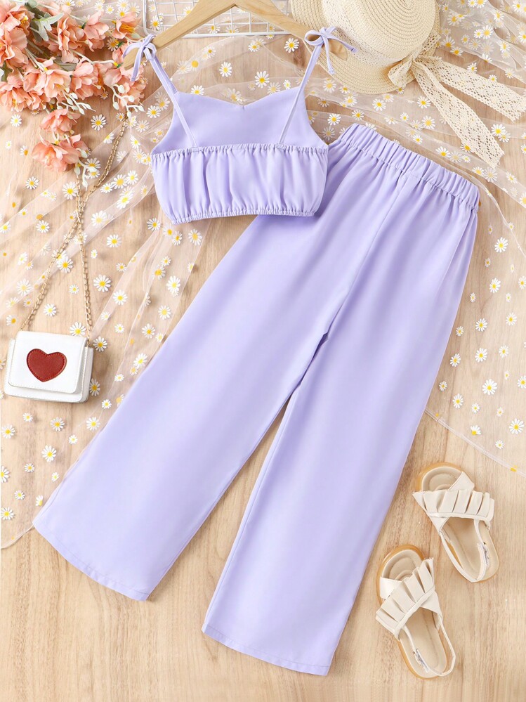 SHEIN Tween Girl Solid Knot Shoulder Cami Top & Wide Leg Pants Set - Purple - View 2