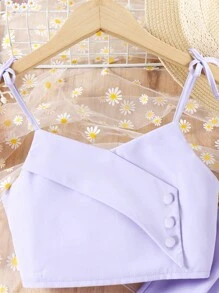 SHEIN Girls Solid Knot Shoulder Cami Top & Wide Leg Trousers Set - Purple - View 5