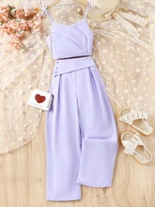 SHEIN Girls Solid Knot Shoulder Cami Top & Wide Leg Trousers Set - Purple - View 7