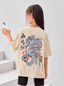 SHEIN Leap Crew 10歲至14歲女孩的日文字母和龍紋下垂肩t恤 - 米色 - 查看 4