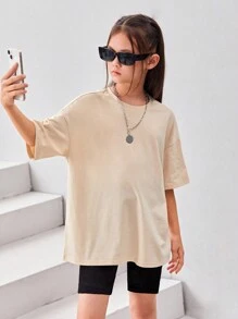 SHEIN Leap Crew 10歲至14歲女孩的日文字母和龍紋下垂肩t恤 - 米色 - 查看 2