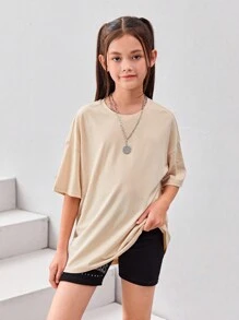SHEIN Leap Crew 10歲至14歲女孩的日文字母和龍紋下垂肩t恤 - 米色 - 查看 3